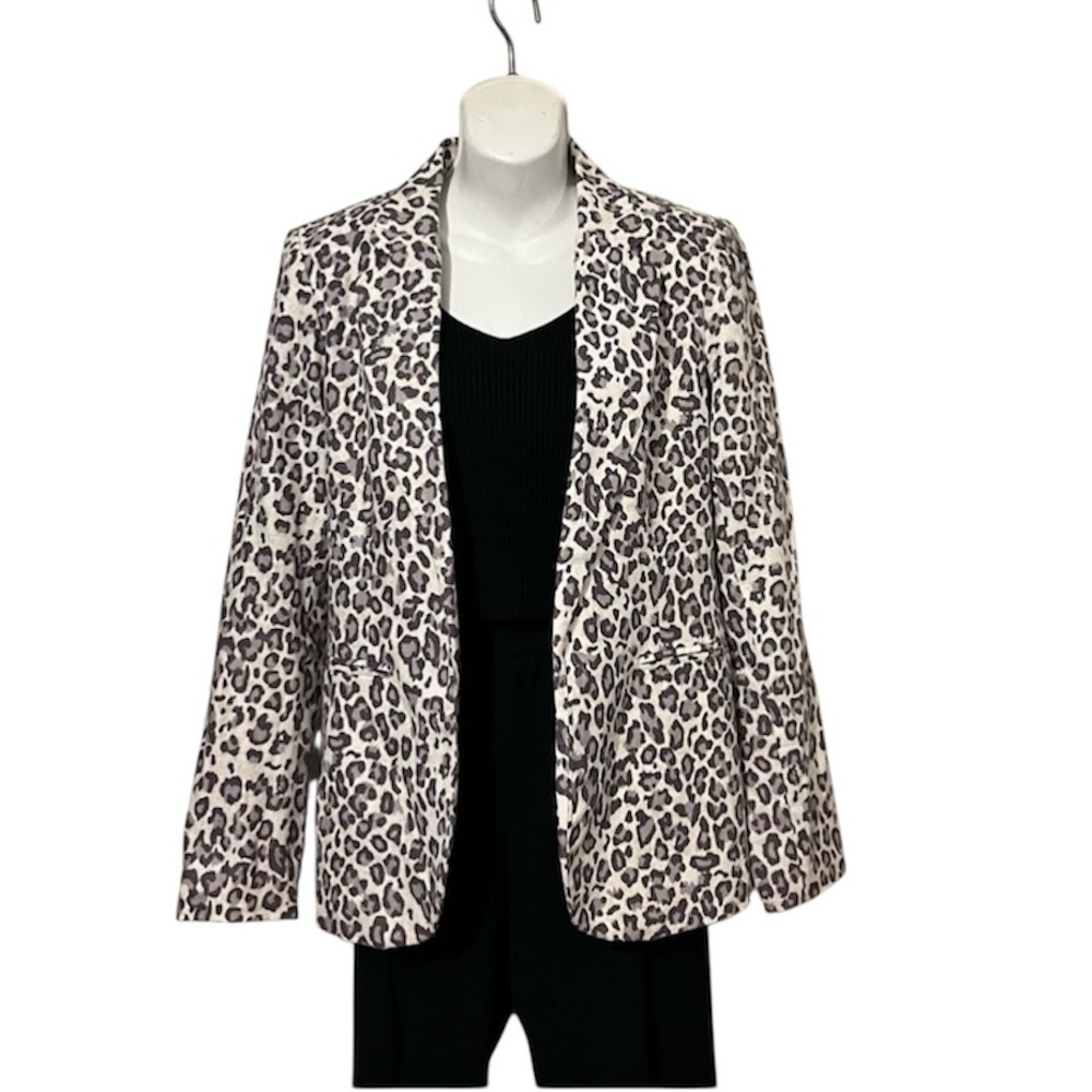 RACHEL ZOE Womens Snow Leopard Print Linen Blend Open Front Blazer Jacket S